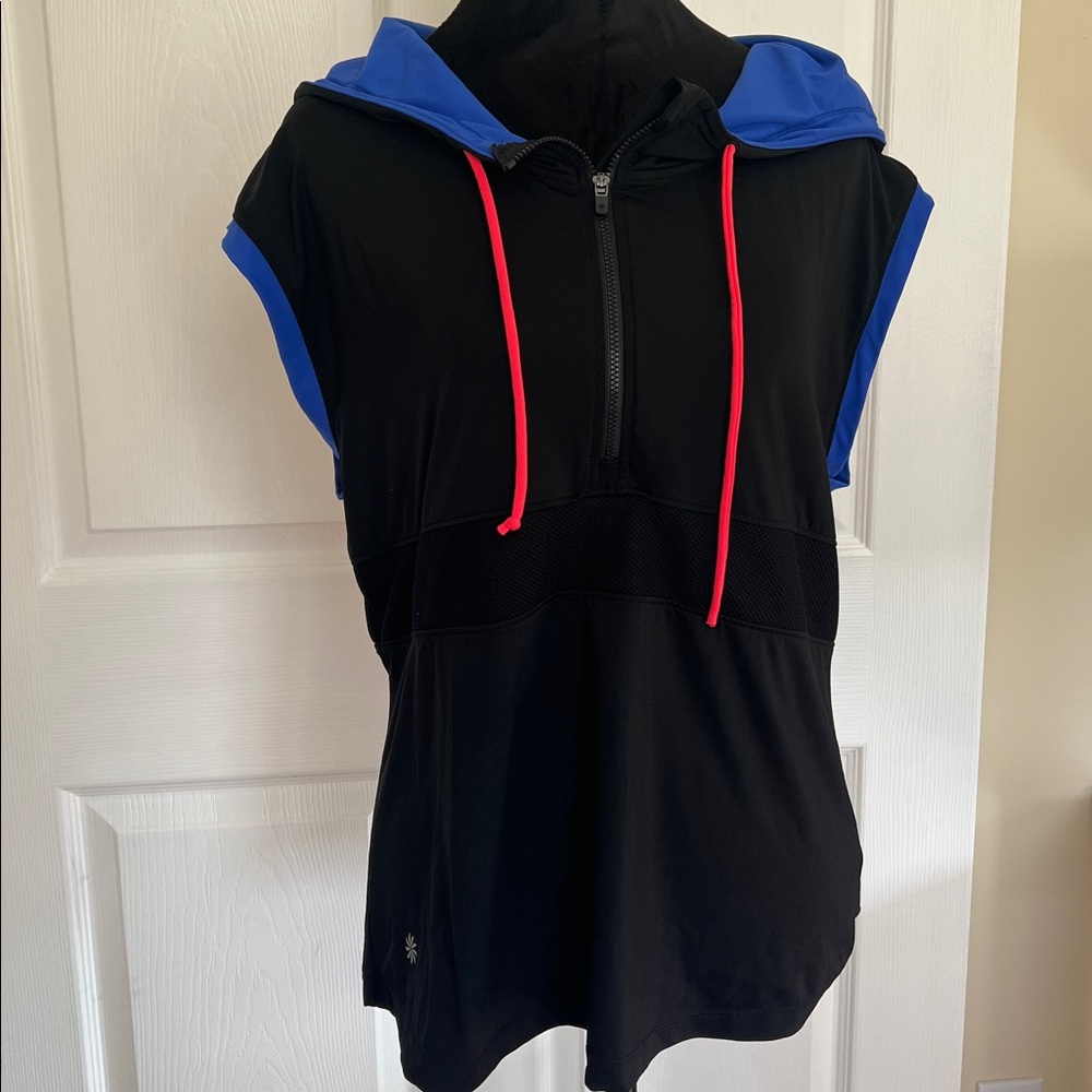 Athleta Hooded Rash Guard Swim Tunic Black Blue Neon Trim Med n w/o tags